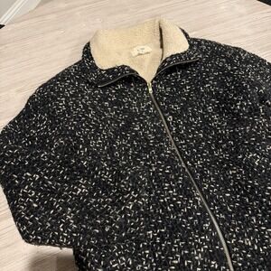 BA&SH Sherpa Shearling Coat Size 3 US 10 Large Knit Wool Black White Zip Jacket
